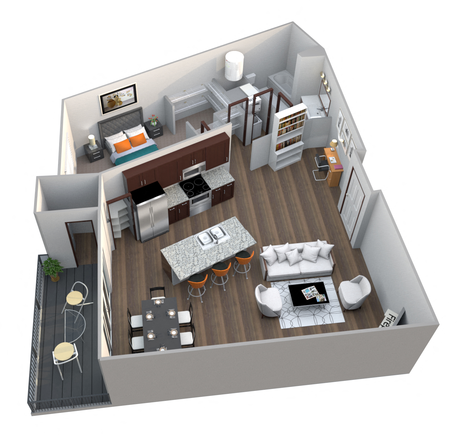 Floor plan for 1 bed, 1 bath, 965 sqft
